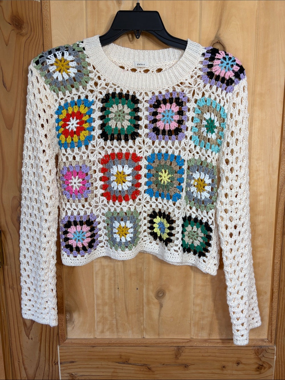 Debut Crochet Granny Square Patchwork Open-Knit Sweater